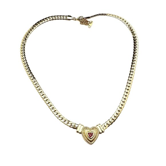 Womens Necklace Red Crystal Heart Gold Plated Choker Elegant Classic Design - Picture 1 of 3